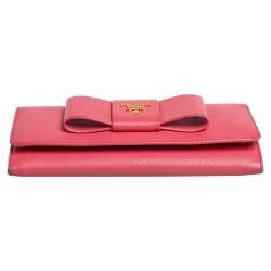 Pre Owned Prada Coral Orange Saffiano Leather Bow Continental Wallet