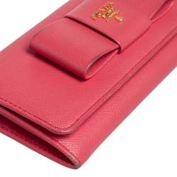 Pre Owned Prada Coral Orange Saffiano Leather Bow Continental Wallet
