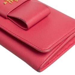 Pre Owned Prada Coral Orange Saffiano Leather Bow Continental Wallet
