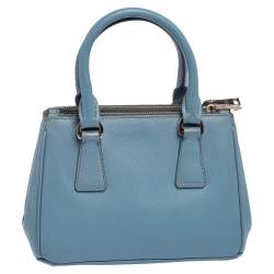Pre Owned Prada Light Blue Saffiano Leather Mini Galleria Double Zip Tote