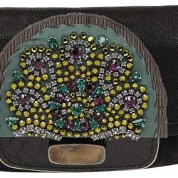 Pre Owned Prada Brown Croc And Leather Embellished Shoulder Bag