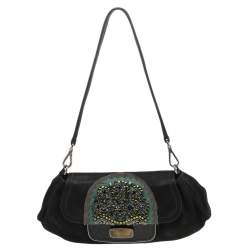 Pre Owned Prada Brown Croc And Leather Embellished Shoulder Bag