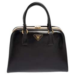 Pre Owned Prada Black Saffiano Vernice Leather Pyramid Frame Satchel