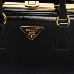 Pre Owned Prada Black Saffiano Vernice Leather Pyramid Frame Satchel