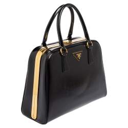 Pre Owned Prada Black Saffiano Vernice Leather Pyramid Frame Satchel