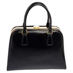 Pre Owned Prada Black Saffiano Vernice Leather Pyramid Frame Satchel