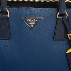 مملوكة مسبقًا Prada Blue Two Tone Saffiano Lux Leather Medium Double Zip Tote