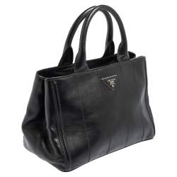 Pre Owned Prada Black Soft Calf Leather Vertical Stitched Tote