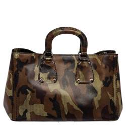 Pre Owned Prada Green Camouflage Leather Spazzolato Shopper Tote