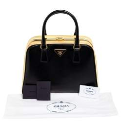 Pre Owned Prada Black Saffiano Vernice Leather Pyramid Frame Satchel