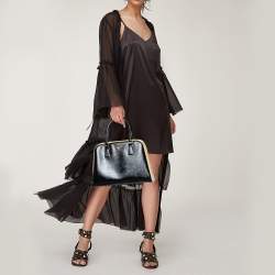 Pre Owned Prada Black Saffiano Vernice Leather Pyramid Frame Satchel