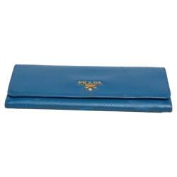 Pre Owned Prada Blue Saffiano Leather Flap Continental Wallet