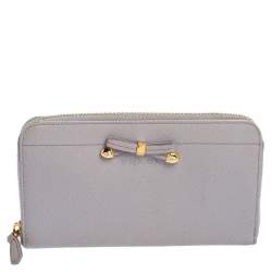 Pre Owned Prada Lilac Saffiano Leather Bow Zip Around Wallet
