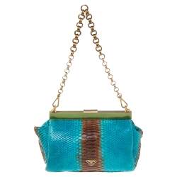Pre Owned Prada Blue/Brown Ombre Python Frame Chain Baguette Bag