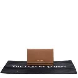 Pre Owned حافظة بطاقات برادا قلاب جلد لوكس فاخر سافيانو بني