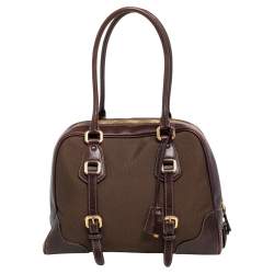 Pre Owned Prada Brown Leather And Canvas Satchel