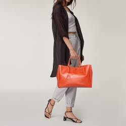 Pre Owned Prada Orange Saffiano Lux Leather Large Gardener's Tote