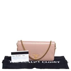 Pre Owned Prada Beige Vitello Move Leather Wallet On Chain