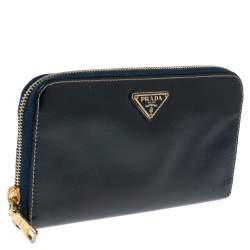 Pre Owned Prada Navy Blue Saffiano Patent Leather Zip Around Wallet 