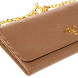 Pre Owned Prada Caramel Vitello Move Leather Leather Wallet On Chain