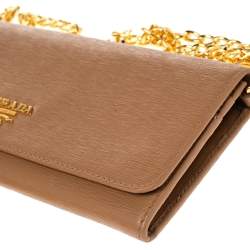 Pre Owned Prada Caramel Vitello Move Leather Leather Wallet On Chain