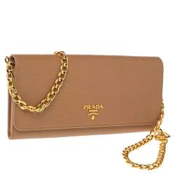 Pre Owned Prada Caramel Vitello Move Leather Leather Wallet On Chain