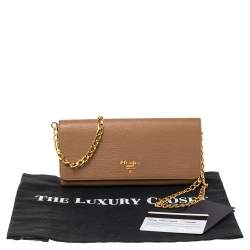 Pre Owned Prada Caramel Vitello Move Leather Leather Wallet On Chain