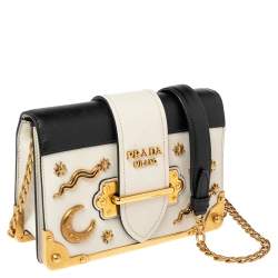 Pre Owned Prada Black/Off White Saffiano Leather Astrology Celestial Cahier Crossbody Bag