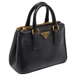 Pre Owned Prada Black Saffiano Lux Leather Mini Double Zip Tote