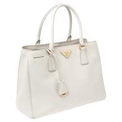 Pre Owned Prada White Saffiano Lux Leather Medium Open Tote