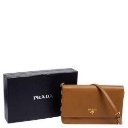 Pre Owned Prada Brown Saffiano Leather Wallet On Chain