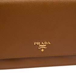 Pre Owned Prada Brown Saffiano Leather Wallet On Chain