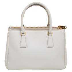 Pre Owned Prada White Saffiano Lux Leather Small Galleria Double Zip Tote