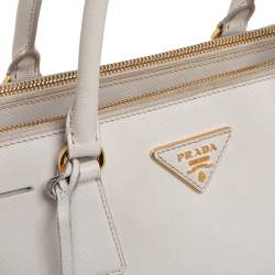 Pre Owned Prada White Saffiano Lux Leather Small Galleria Double Zip Tote