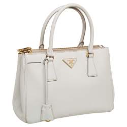 Pre Owned Prada White Saffiano Lux Leather Small Galleria Double Zip Tote