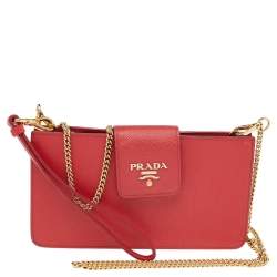 مملوكة مسبقًا Prada Red Saffiano Leather Wallet on Chain
