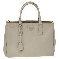 Pre Owned Prada Taupe Saffiano Lux Leather Medium Double Zip Tote