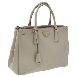 Pre Owned Prada Taupe Saffiano Lux Leather Medium Double Zip Tote