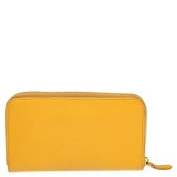 Pre Owned Prada Mustard Saffiano Lux Leather Zip Around Continental Wallet