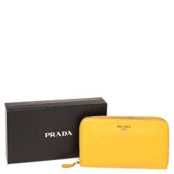 Pre Owned Prada Mustard Saffiano Lux Leather Zip Around Continental Wallet