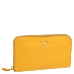 Pre Owned Prada Mustard Saffiano Lux Leather Zip Around Continental Wallet