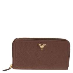 Pre Owned Prada Brown Vitello Daino Leather Zip Around Wallet