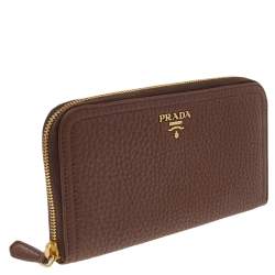 Pre Owned Prada Brown Vitello Daino Leather Zip Around Wallet