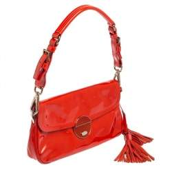 Pre Owned Prada Dark Orange Patent Leather Tassel Baguette Bag