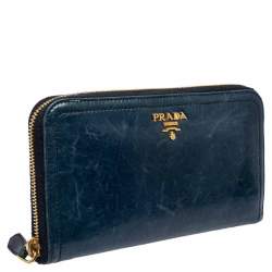 Pre Owned Prada Teal Blue Crinkled Leather Zip Around Continental Wallet
