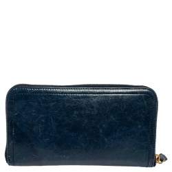 Pre Owned Prada Teal Blue Crinkled Leather Zip Around Continental Wallet