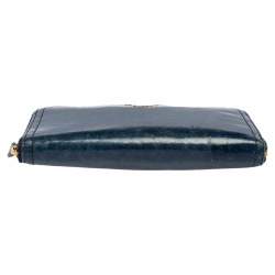 Pre Owned Prada Teal Blue Crinkled Leather Zip Around Continental Wallet