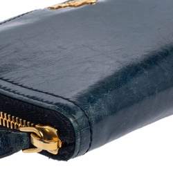 Pre Owned Prada Teal Blue Crinkled Leather Zip Around Continental Wallet
