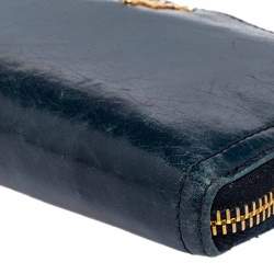 Pre Owned Prada Teal Blue Crinkled Leather Zip Around Continental Wallet