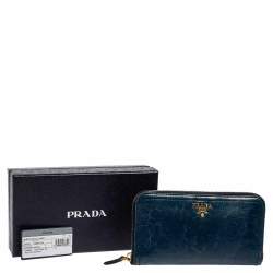 Pre Owned Prada Teal Blue Crinkled Leather Zip Around Continental Wallet